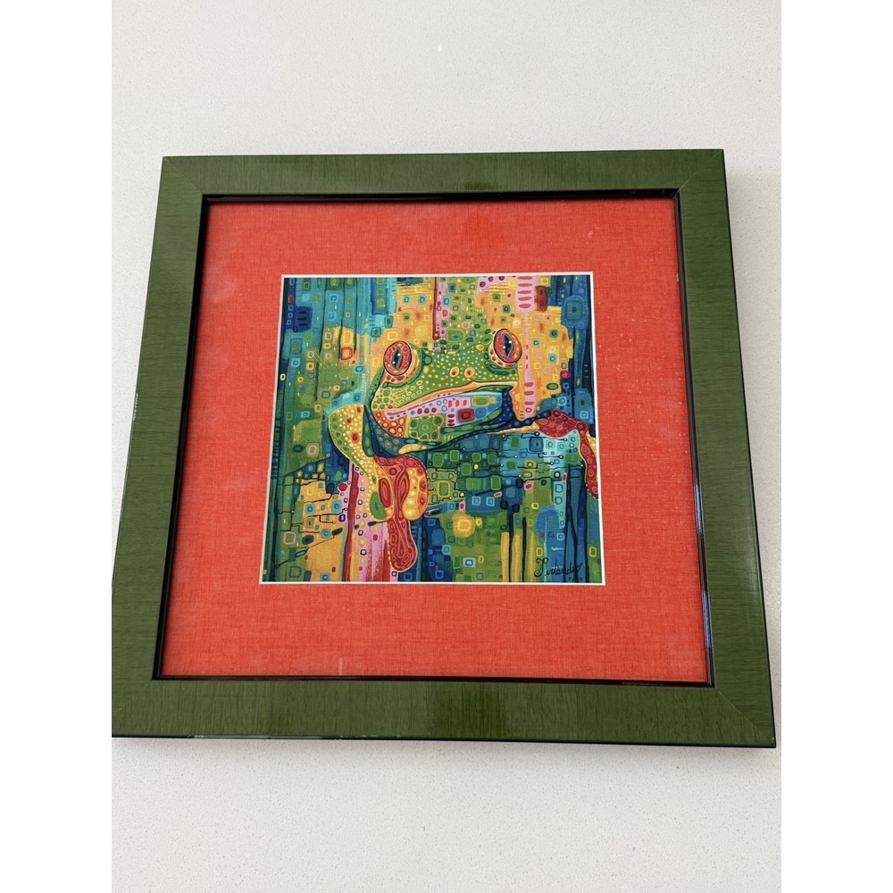 Ferlander‎ Arquedas Studios Signed Canvas Art Mosaic Frog Framed Matted 14.5"